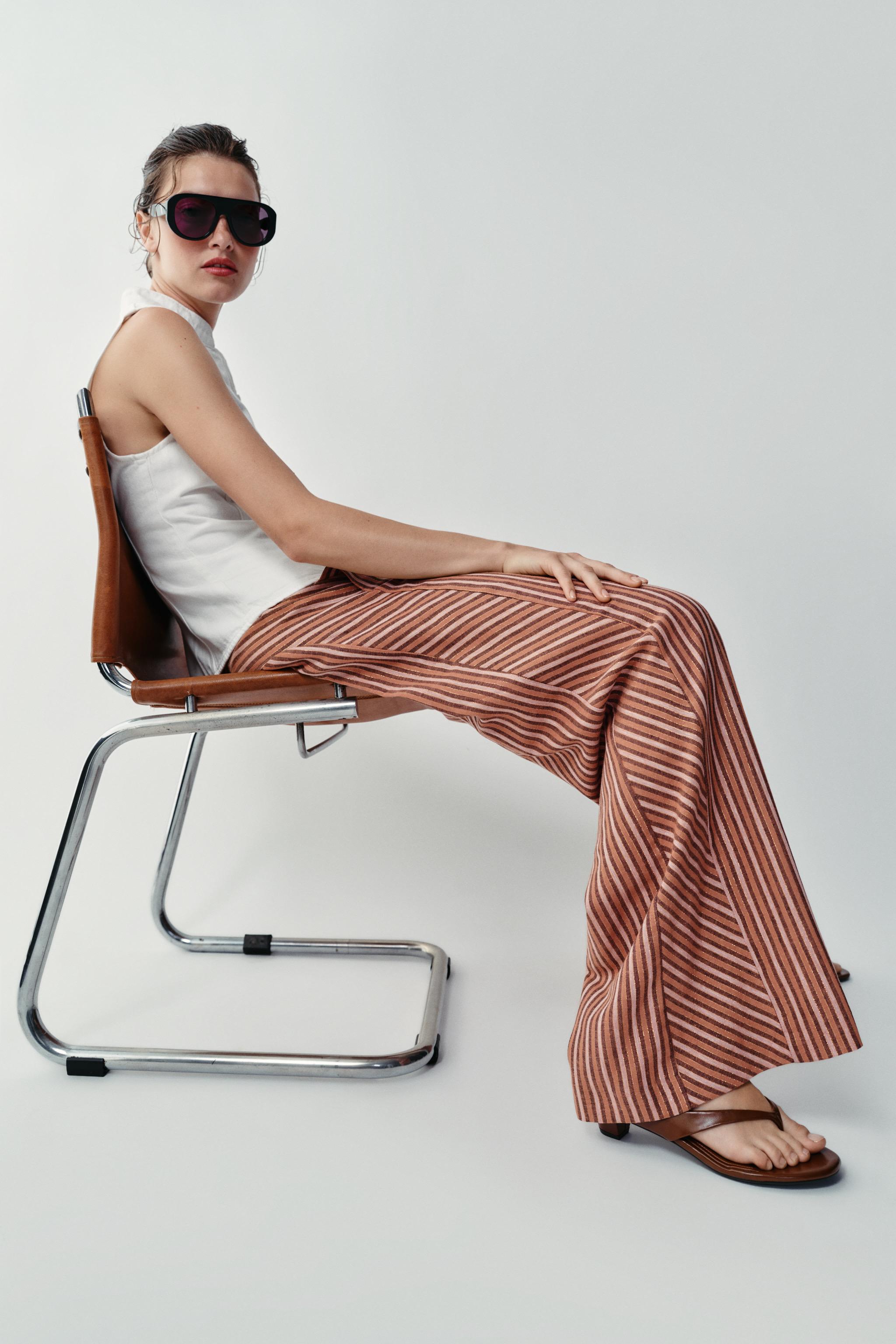 METALLIC THREAD STRIPED WIDE LEG PANTS